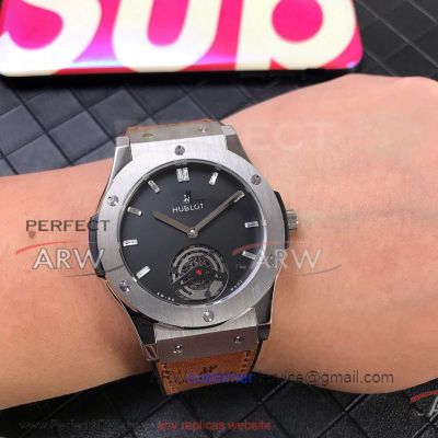 Perfect Replica Hublot Classic Fusion Stainless Steel Case Black Tourbillon Face Brown Leather Strap 43mm Watch